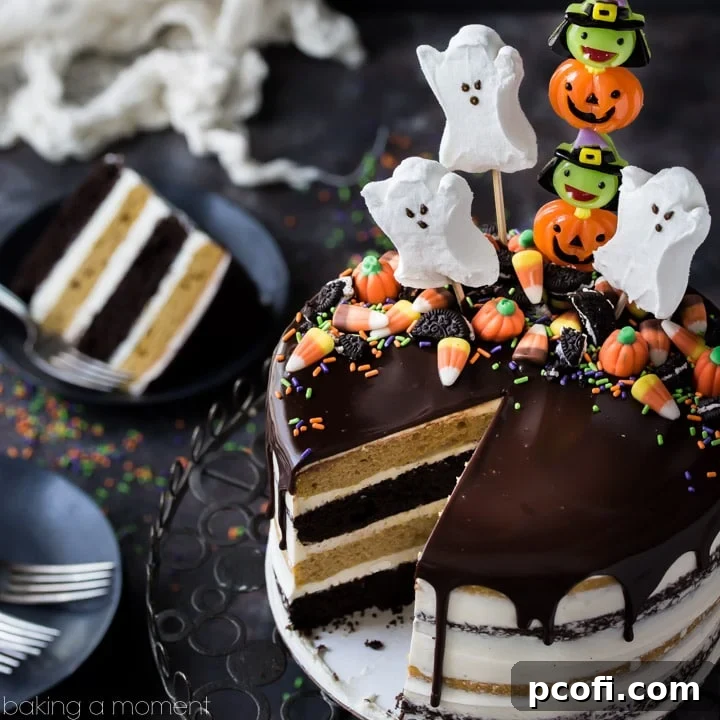 Moist and delicious Pumpkin Chocolate Halloween Cake with spooky stripes and festive candy garnishes, perfect for a Halloween party.