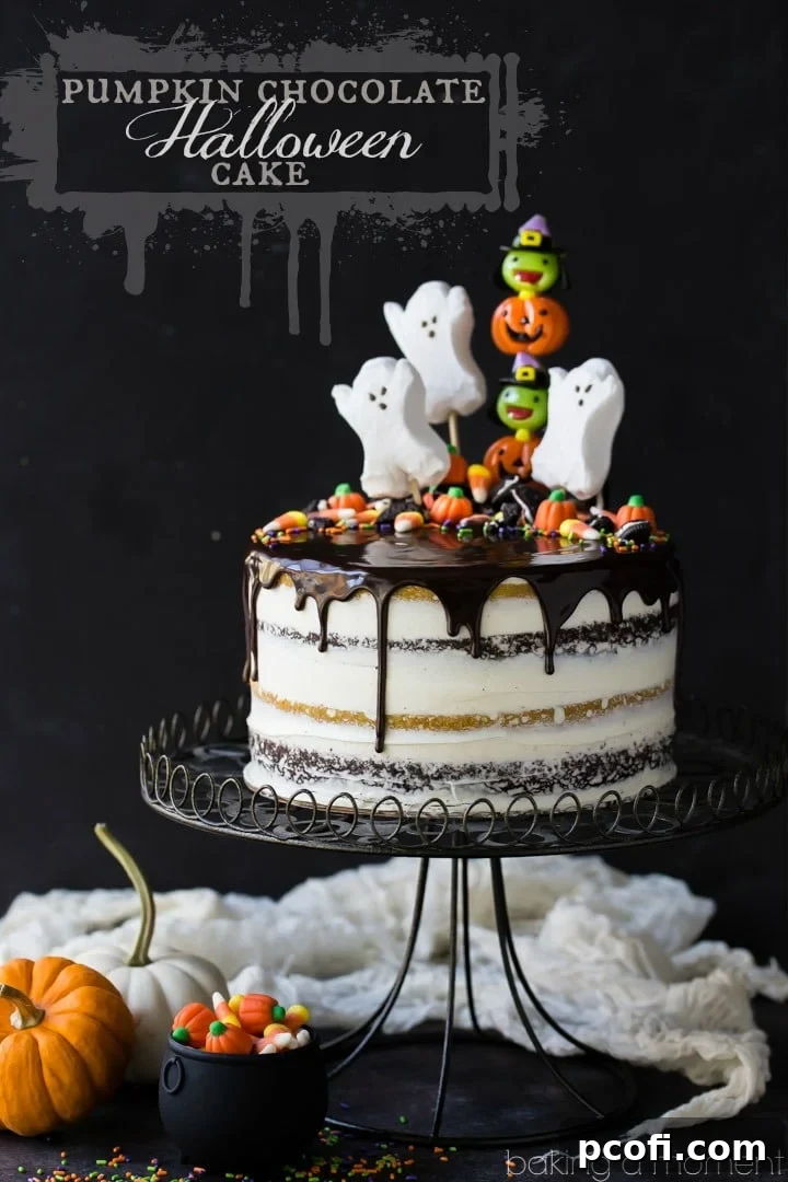 Close-up of a slice of Pumpkin Chocolate Halloween Cake revealing alternating pumpkin and chocolate layers, with creamy vanilla frosting and chocolate drip.