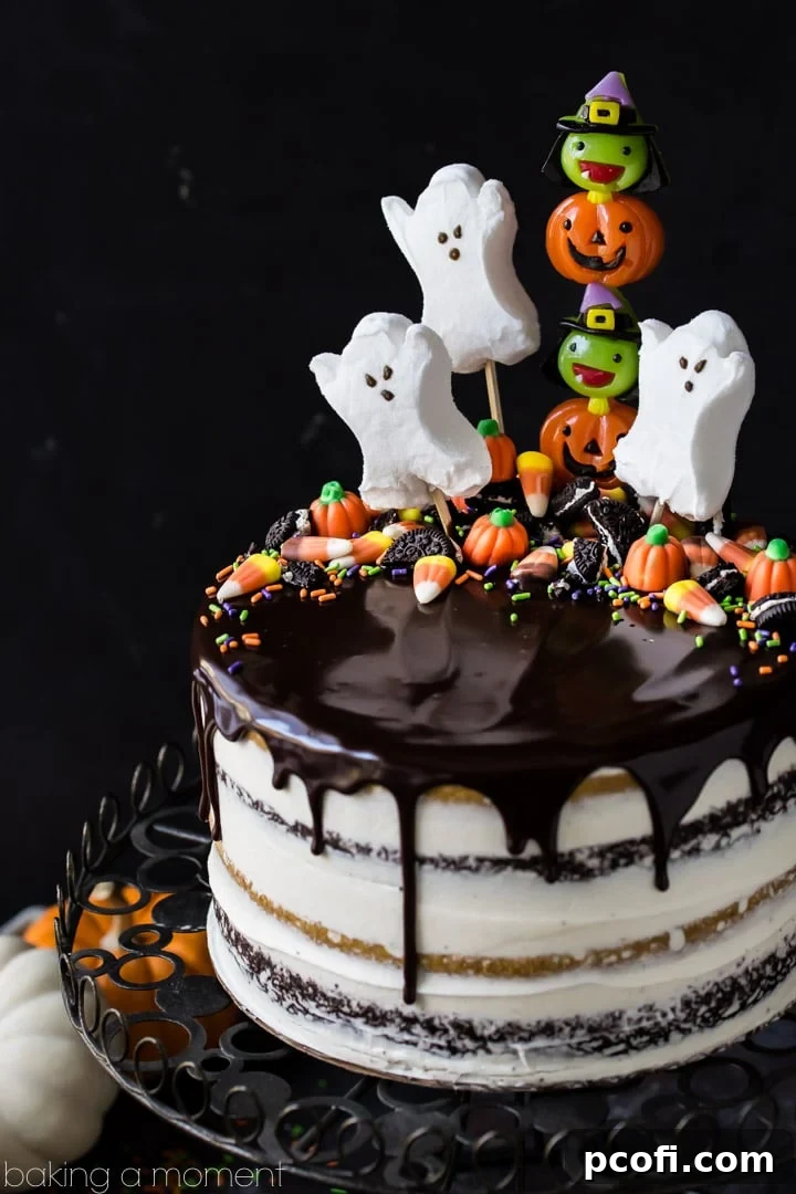 Beautifully assembled naked Pumpkin Chocolate Halloween Cake, showcasing contrasting orange pumpkin and dark chocolate layers with vanilla buttercream.