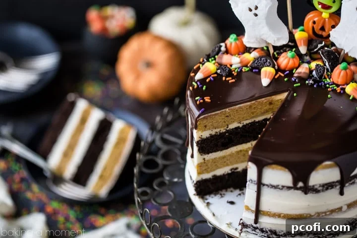 Top view of the Pumpkin Chocolate Halloween Cake decorated with various Halloween candies and a chocolate drizzle.