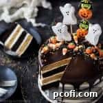 Delicious Pumpkin Chocolate Halloween Cake with festive decorations.