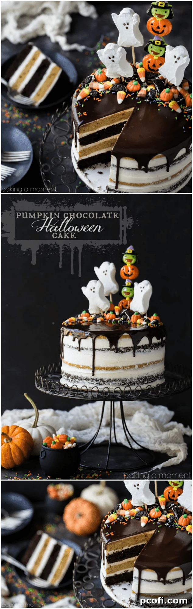 Full view of the elegantly decorated Pumpkin Chocolate Halloween Cake, ready for serving.