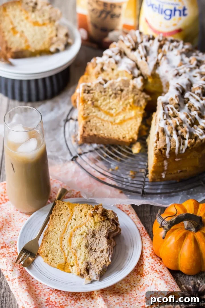 Another view of the Pumpkin Spice Coffee Cake, perfectly baked with a generous crumb topping.