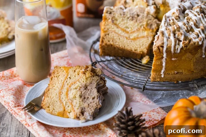 Pumpkin Spice Coffee Cake served with a glass of International Delight Pumpkin Pie Spice Iced Coffee.