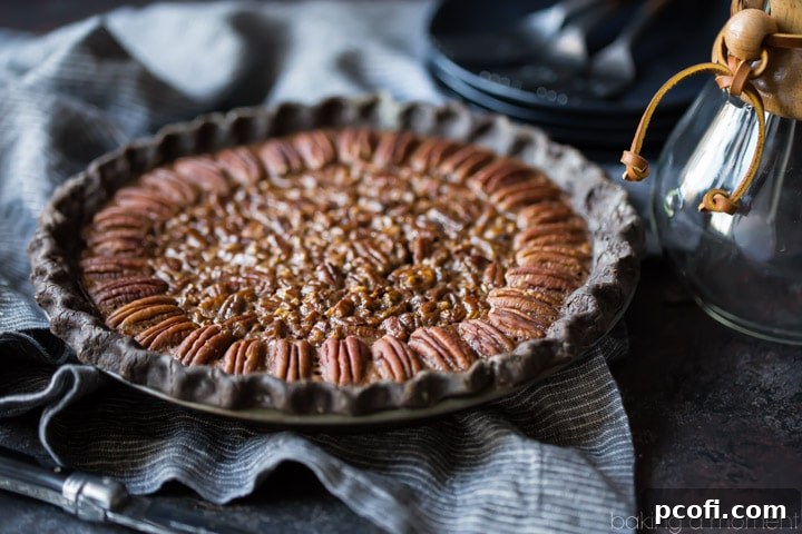 A perfectly baked and sliced Double Chocolate Pecan Pie presented on a white plate, highlighting its rich, dark filling and golden crust. Ready to be enjoyed.