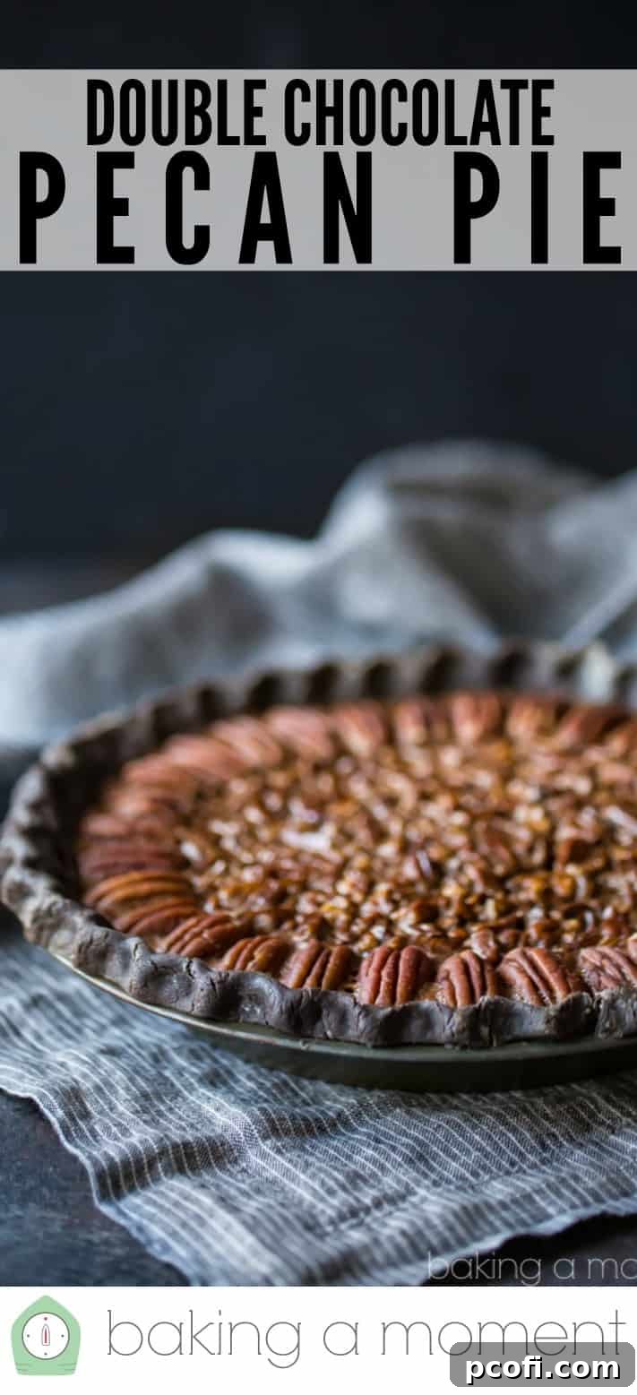 Double chocolate pecan pie on a dark background with a text overlay above that reads "Double Chocolate Pecan Pie."