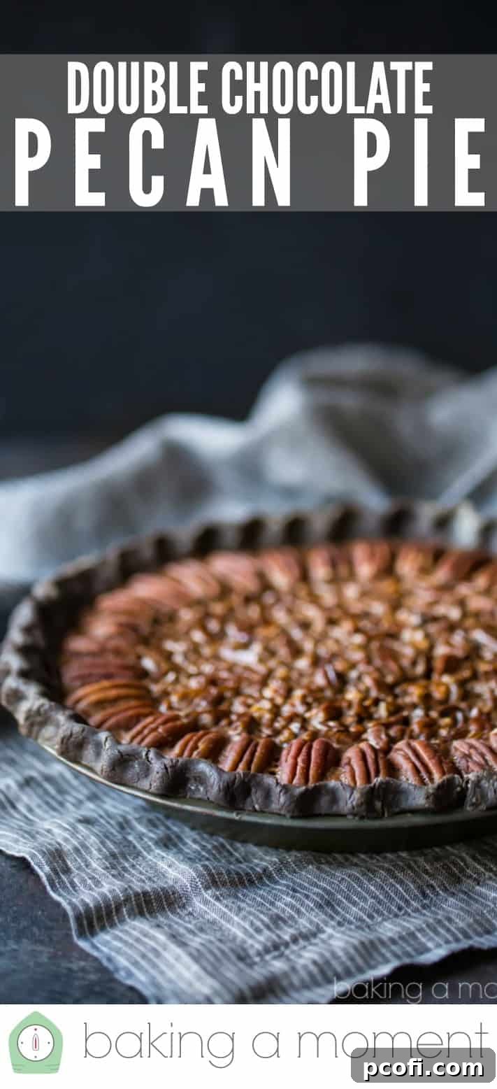 Double chocolate pecan pie on a dark background with a text overlay above that reads "Double Chocolate Pecan Pie."