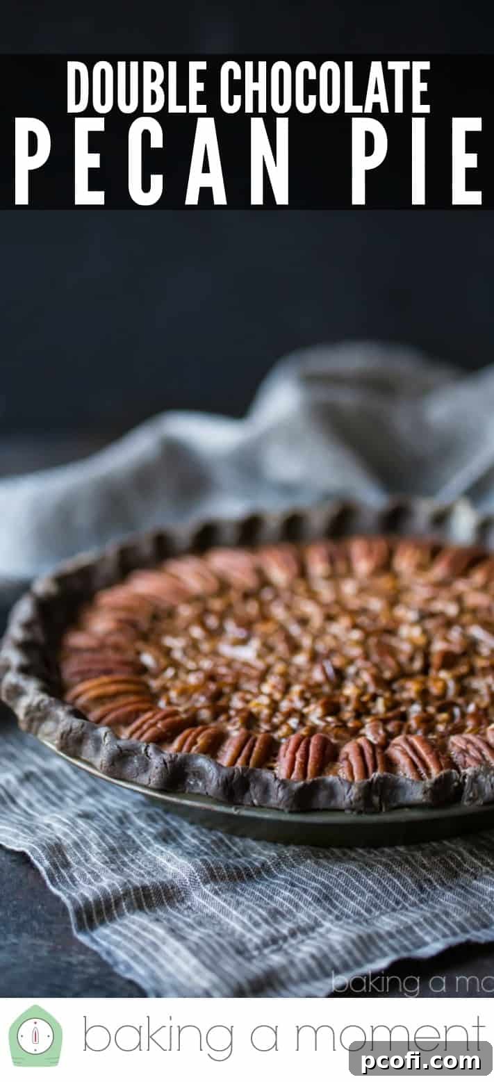 Double chocolate pecan pie on a dark background with a text overlay above that reads "Double Chocolate Pecan Pie."