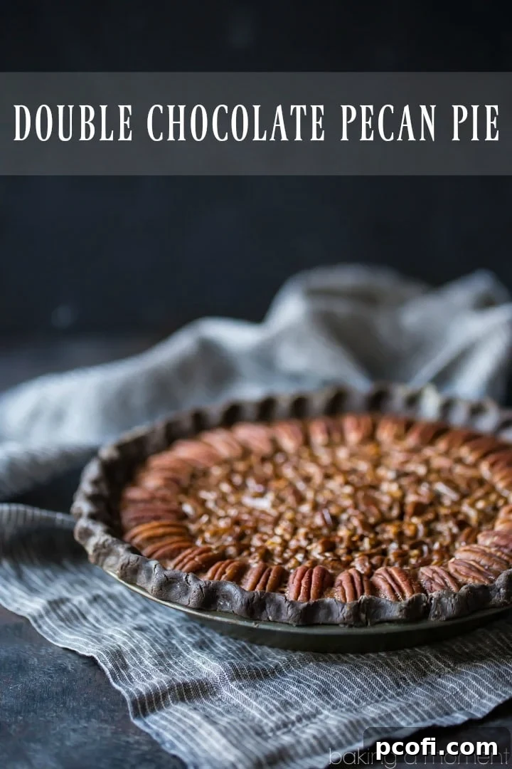 A close-up of a perfectly baked, glistening Double Chocolate Pecan Pie slice, showcasing its gooey texture and generous pecans. Ideal for holiday feasts.
