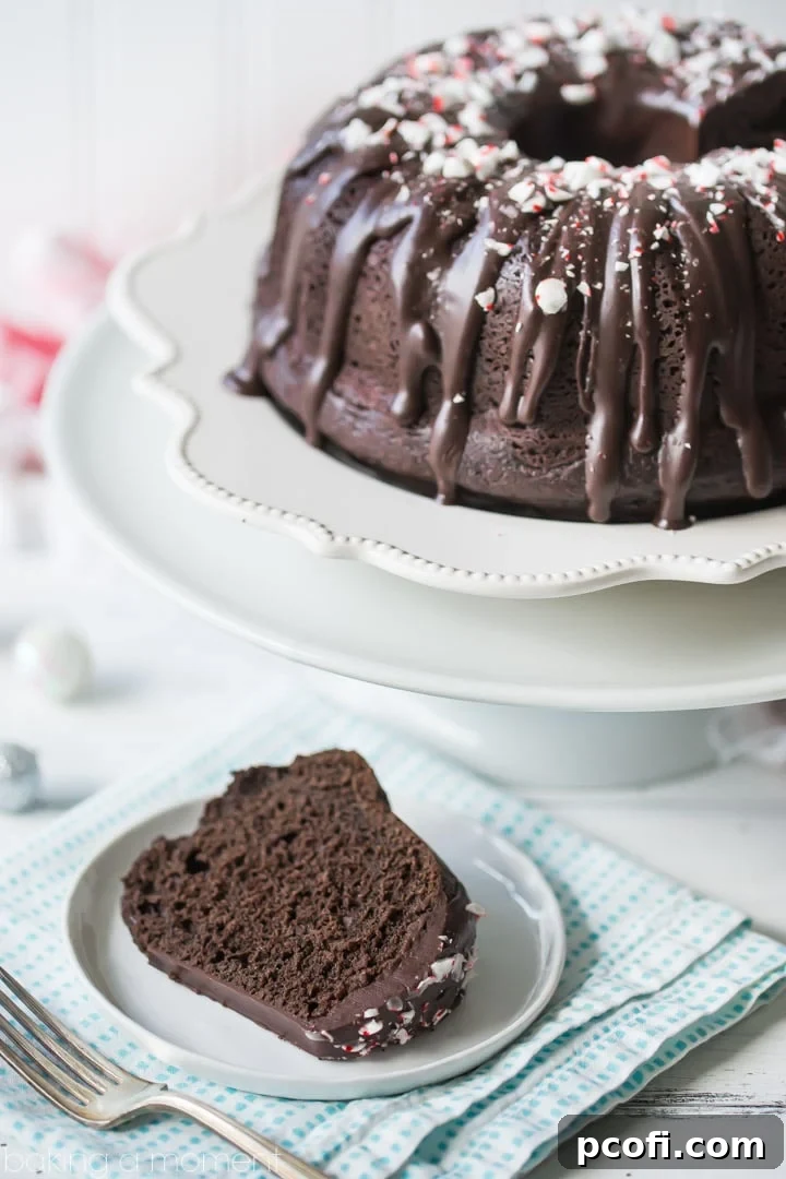 A close-up view of the intricate details of a Chocolate Peppermint Bundt Cake, showcasing the elegant fluted design and festive topping.