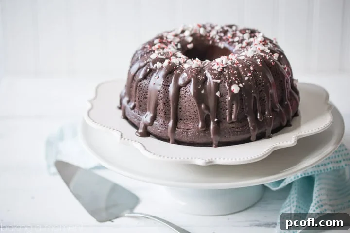Overhead shot of a beautifully presented Chocolate Peppermint Bundt Cake on a white platter, garnished with vibrant crushed candy canes.