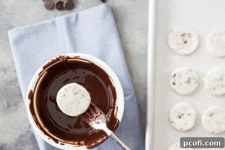 A step-by-step image showing the process of dipping a peppermint patty into a bowl of melted Ghirardelli chocolate, illustrating the smooth coating.