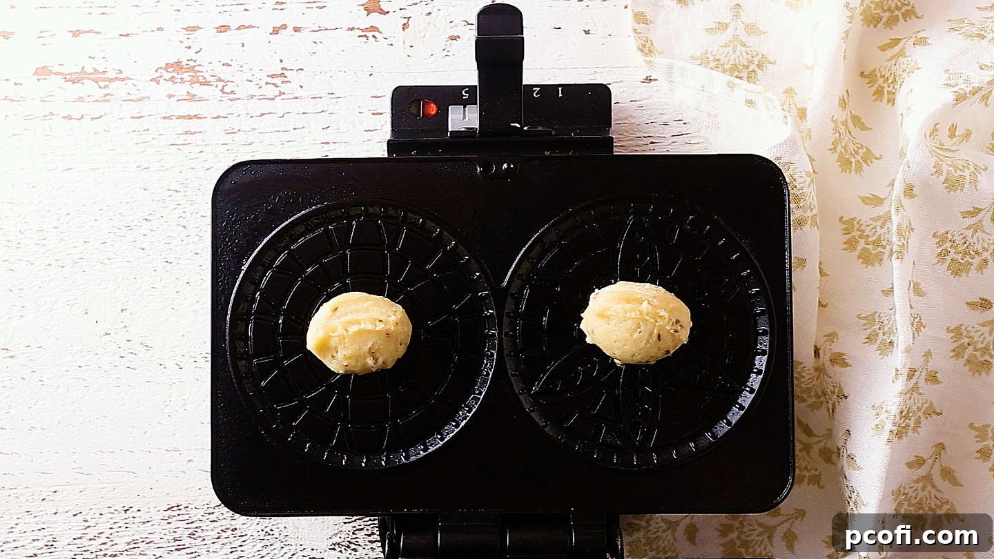 Pizzelle batter placed on a pizzelle iron.