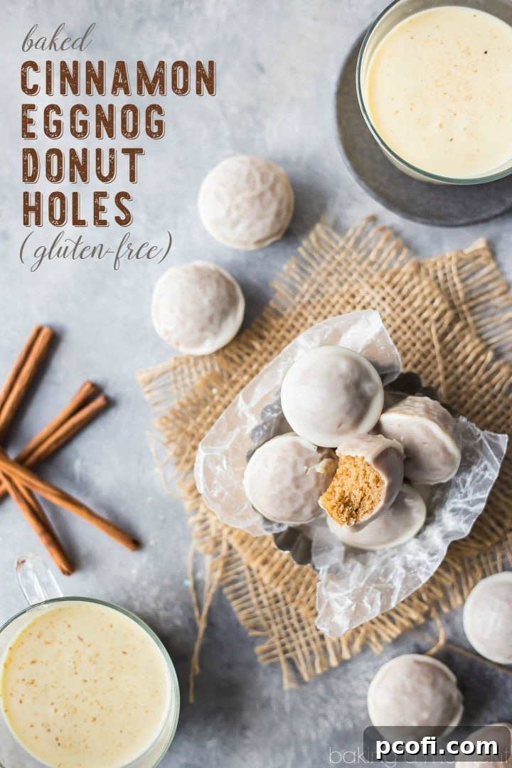 Gluten-free and whole-grain Baked Cinnamon Eggnog Donut Holes, drizzled with a sweet eggnog glaze, ready for holiday celebrations.