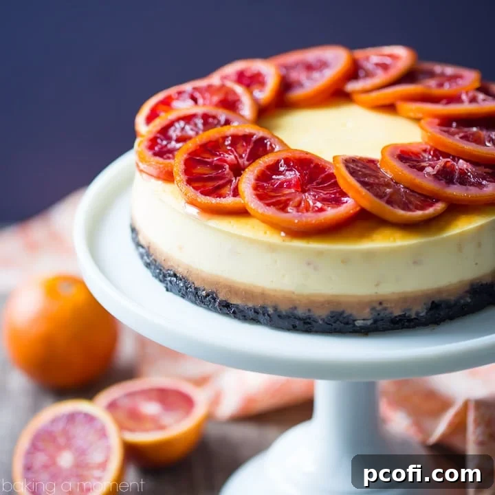 Blood Orange Cheesecake: the candied orange slices are so pretty and the citrus flavor works so well against the creamy cheesecake! The crunchy chocolate cookie crust is the perfect compliment. food desserts cheesecake