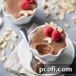 A serving of homemade Chocolate Amaretto Mousse, rich and airy.