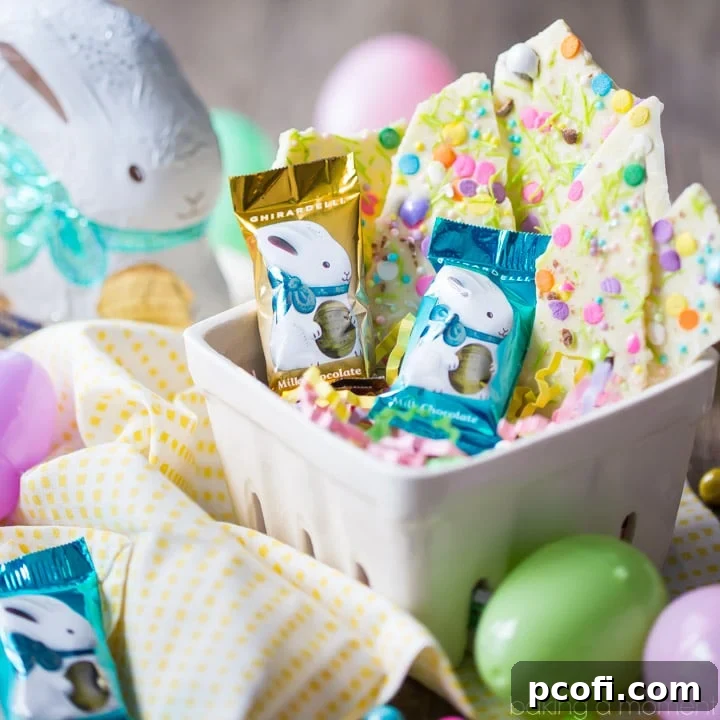 White Chocolate Funfetti Bark: A simple yet stunning homemade candy, perfect for Easter or Passover gifts. Features Ghirardelli white chocolate with festive sprinkles. food desserts chocolate