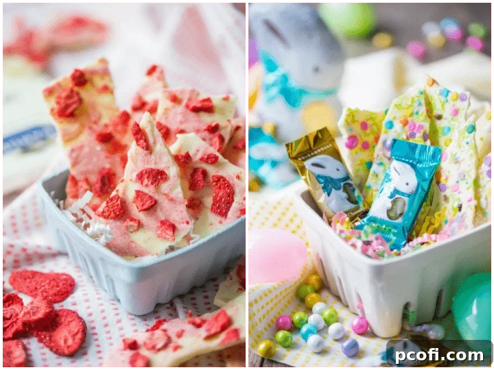 White Chocolate Bark 2 Ways: Delightful strawberries & cream or festive Easter funfetti! Both made with Ghirardelli chocolate are tasty and cute. food desserts chocolate