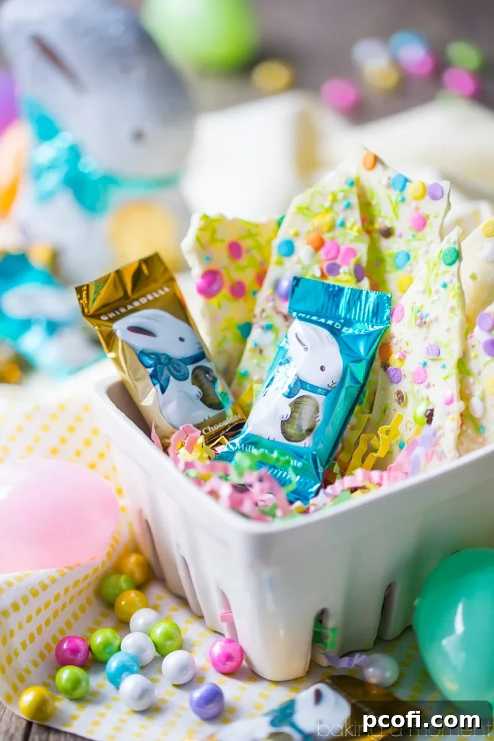 White Chocolate Funfetti Bark: A simple, pretty, and perfect homemade Easter or Passover gift made with Ghirardelli white chocolate and fun sprinkles. food desserts chocolate