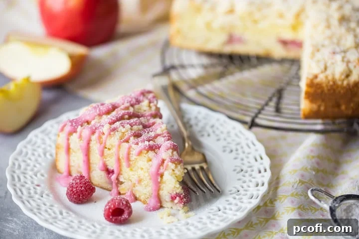 A slice of Apple Raspberry Crumb Cake on a plate with a fork, emphasizing its delightful layers and crumbly topping. A perfect treat any time of day.