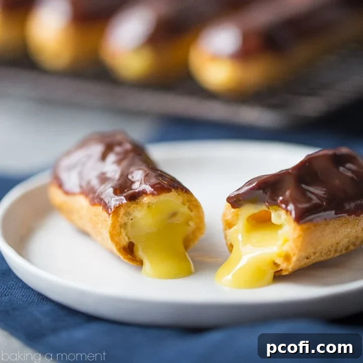 Classic eclairs with perfect choux pastry, rich vanilla pastry cream, and glossy chocolate glaze. A stunning French dessert.