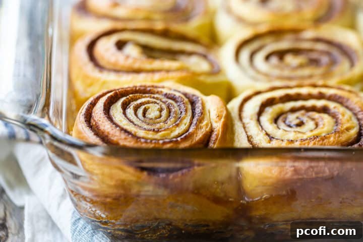 Freshly baked sticky buns, still in the baking dish.