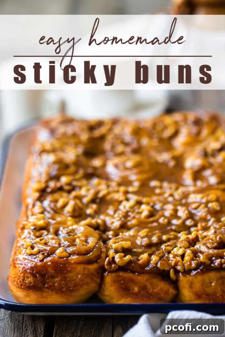 Sticky buns recipe baked and served on a tray, with a text overlay above that reads "Easy Homemade Sticky Buns."