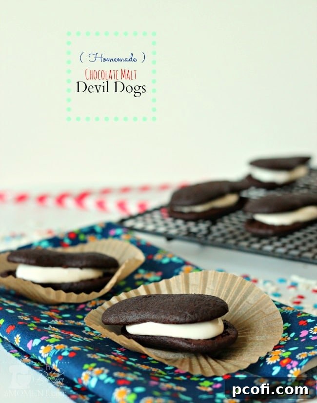 Homemade Chocolate Malt Devil Dogs assembled and ready to eat
