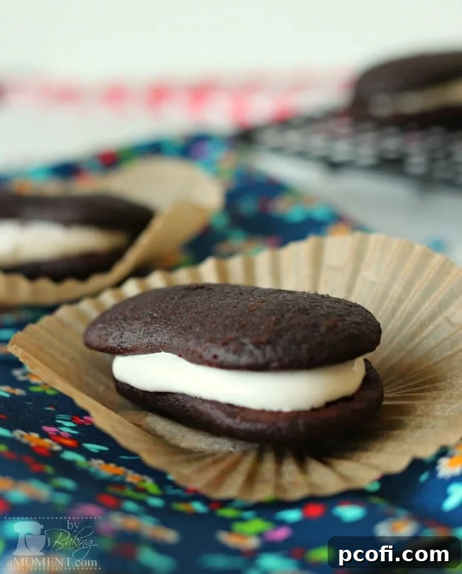 Close-up of a homemade chocolate malt devil dog with marshmallow filling