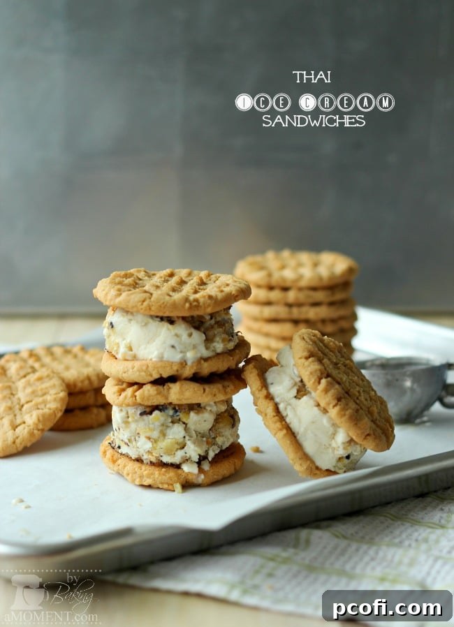 Close-up of a Thai Ice Cream Sandwich with coconut, ginger, lime, and grilled pineapple filling.