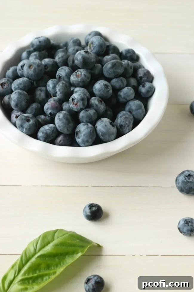 Fresh blueberries and basil leaves