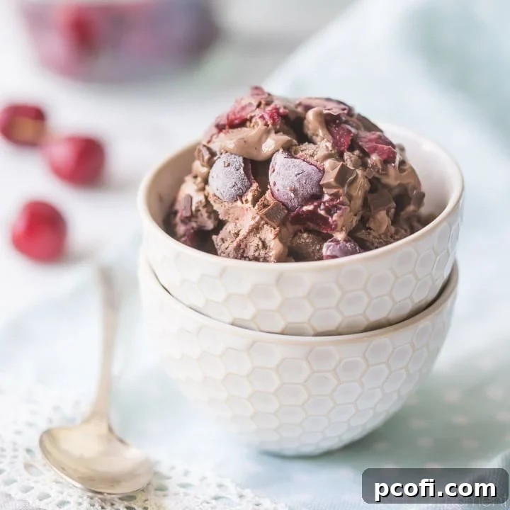 A scoop of homemade chocolate cherry chip ice cream in a bowl, generously studded with dark sweet cherries and glistening chocolate chunks.