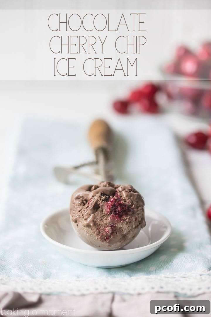Close-up shot of decadent Chocolate Cherry Chip Ice Cream, showcasing its rich chocolate base, vibrant dark sweet cherries, and generous chocolate chunks. A perfect food dessert for chocolate and cherry lovers.