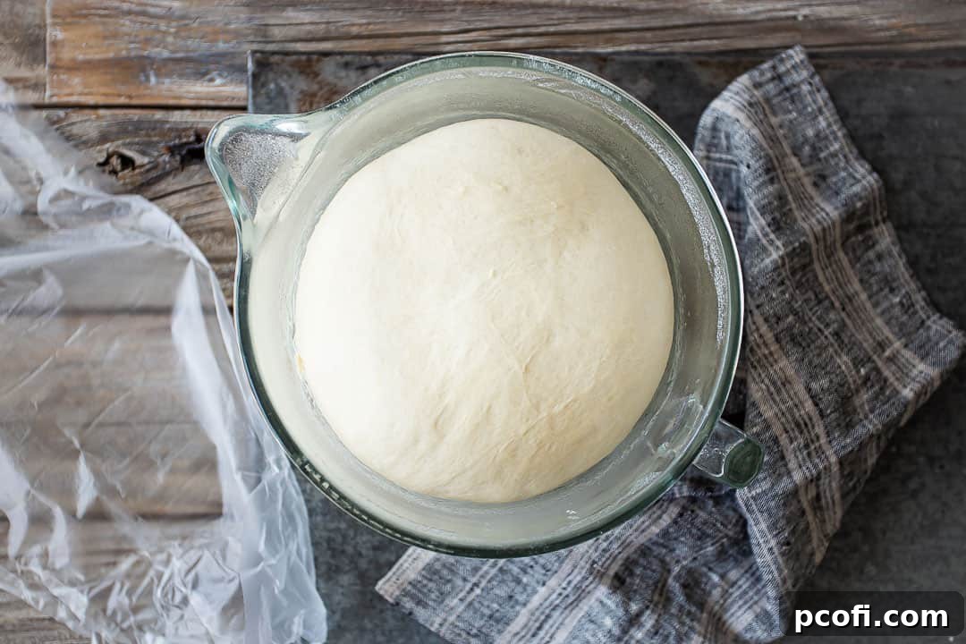 Homemade pizza dough after its first rise, beautifully doubled in volume in a large mixing bowl.