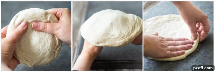 Photo collage demonstrating various techniques for shaping homemade pizza dough, from hand-stretching to using a rolling pin.