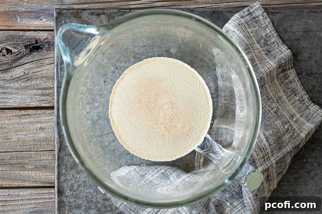 Dissolving yeast and sugar in warm water within a large glass mixing bowl, a crucial first step for activating the yeast.