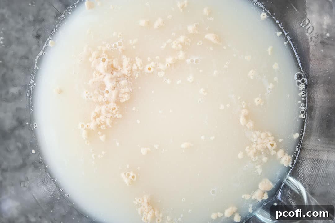 Proofing active dry yeast in warm, sugared water, showing the tell-tale bubbles and foam indicating healthy, active yeast.