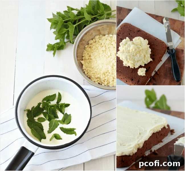 Velvety whipped mint ganache, a key layer