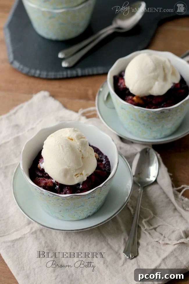 Close-up of baked Blueberry Brown Betty, showing jammy blueberries and golden breadcrumbs