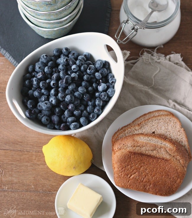 Ingredients for Blueberry Brown Betty laid out on a kitchen counter