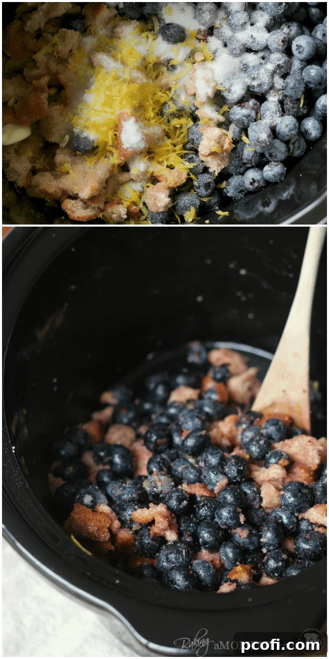Blueberries, bread, and other ingredients for Brown Betty in a mixing bowl
