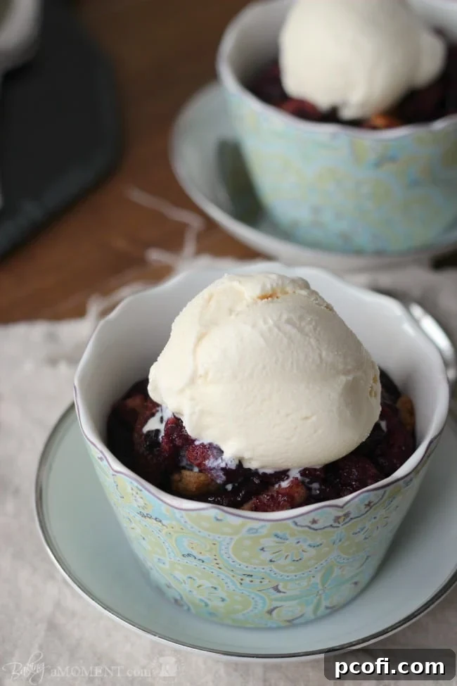 Blueberry Brown Betty with a scoop of vanilla ice cream
