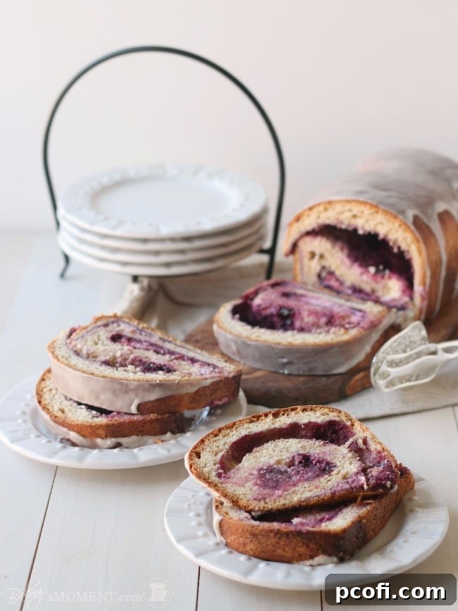 Beautifully presented Whole Wheat Blackberry Cream Cheese Swirl Bread