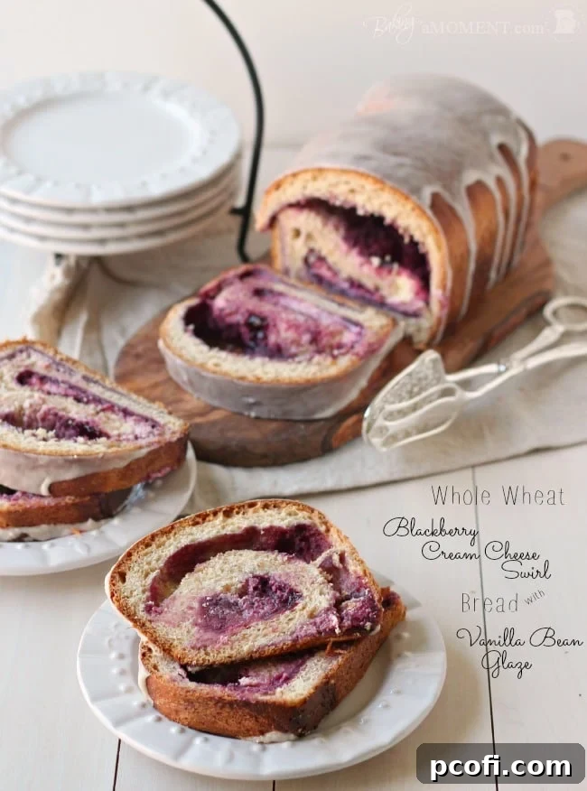 Whole Wheat Blackberry Cream Cheese Swirl Bread, close-up slice