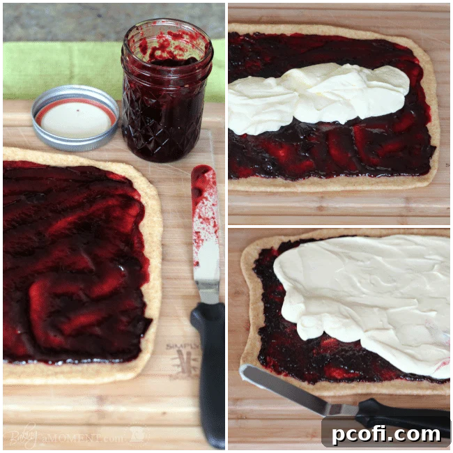 Spreading Blackberry Jam and Cream Cheese Swirl on Dough