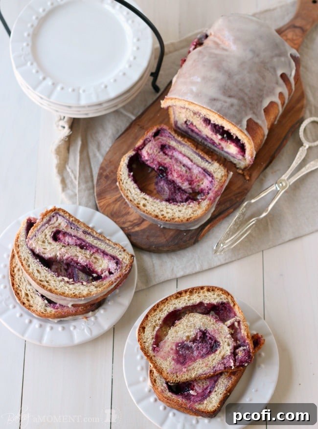 Slice of Whole Wheat Blackberry Cream Cheese Swirl Bread