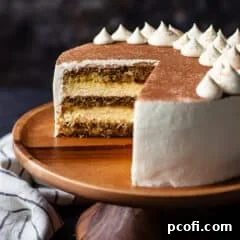 Tiramisu cake with a slice cut out, displaying the many layers.