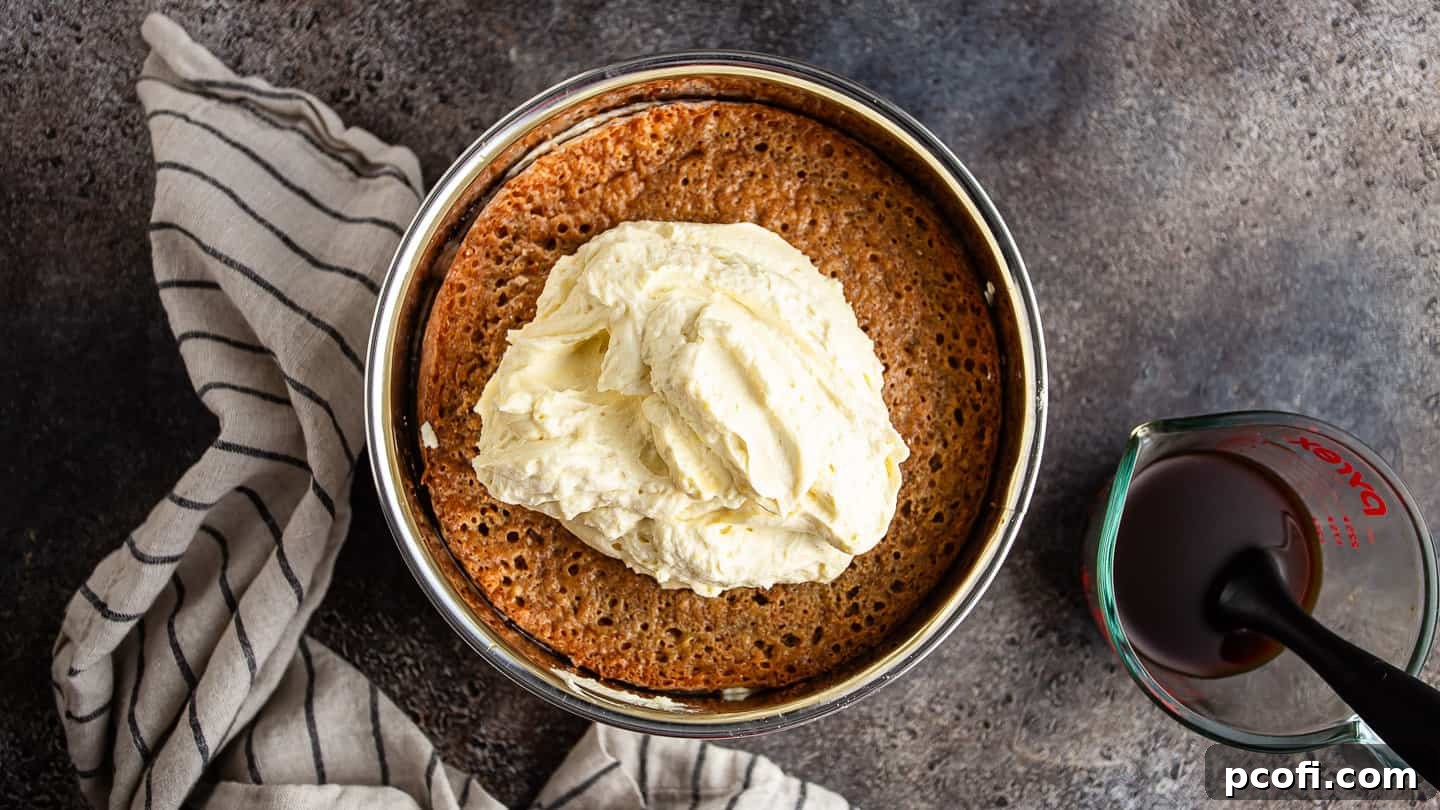 Layering tiramisu filling over coffee-soaked sponge cake.