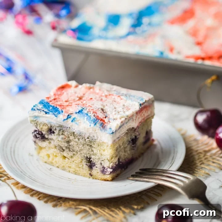 Cherry Vanilla Sheet Cake with Red, White, & Blue Swirl Frosting- perfect for Memorial Day or July 4th! Don't forget the edible star glitter! food desserts patriotic