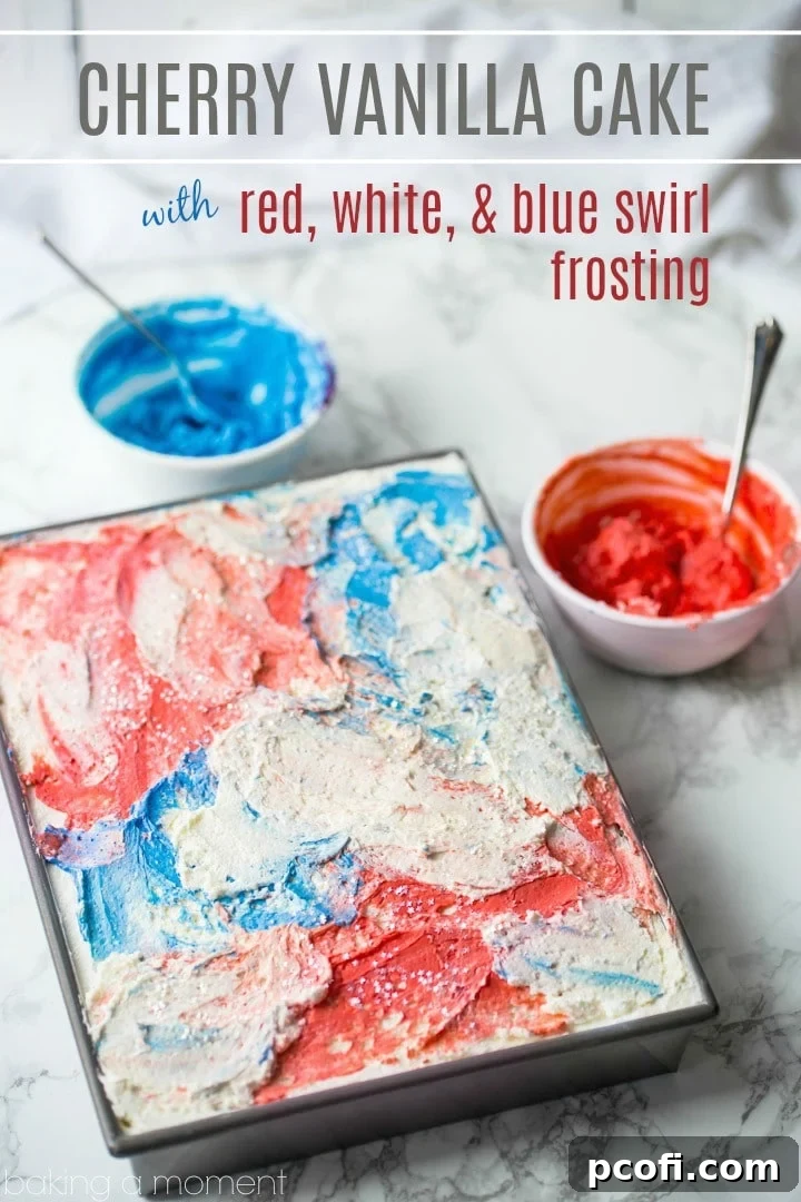 Cherry Vanilla Sheet Cake with Red, White, & Blue Swirl Frosting- perfect for Memorial Day or July 4th! Don't forget the edible star glitter! food desserts patriotic